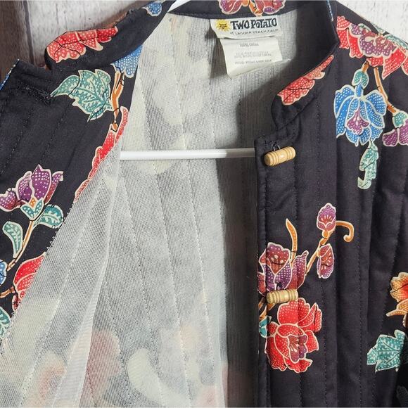VTG 70s TWO POTATO Black Floral Boho Asian Quilted Jacket, sz 11/12 - Picture 5 of 6